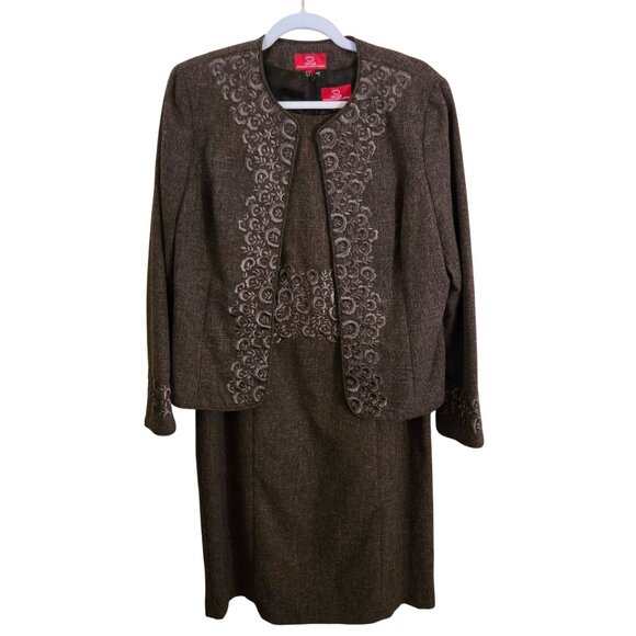 Oscar De La Renta Vintage 90s Quiet Luxury Brown Embroidered Dress Suit Size 12 - Picture 2 of 12